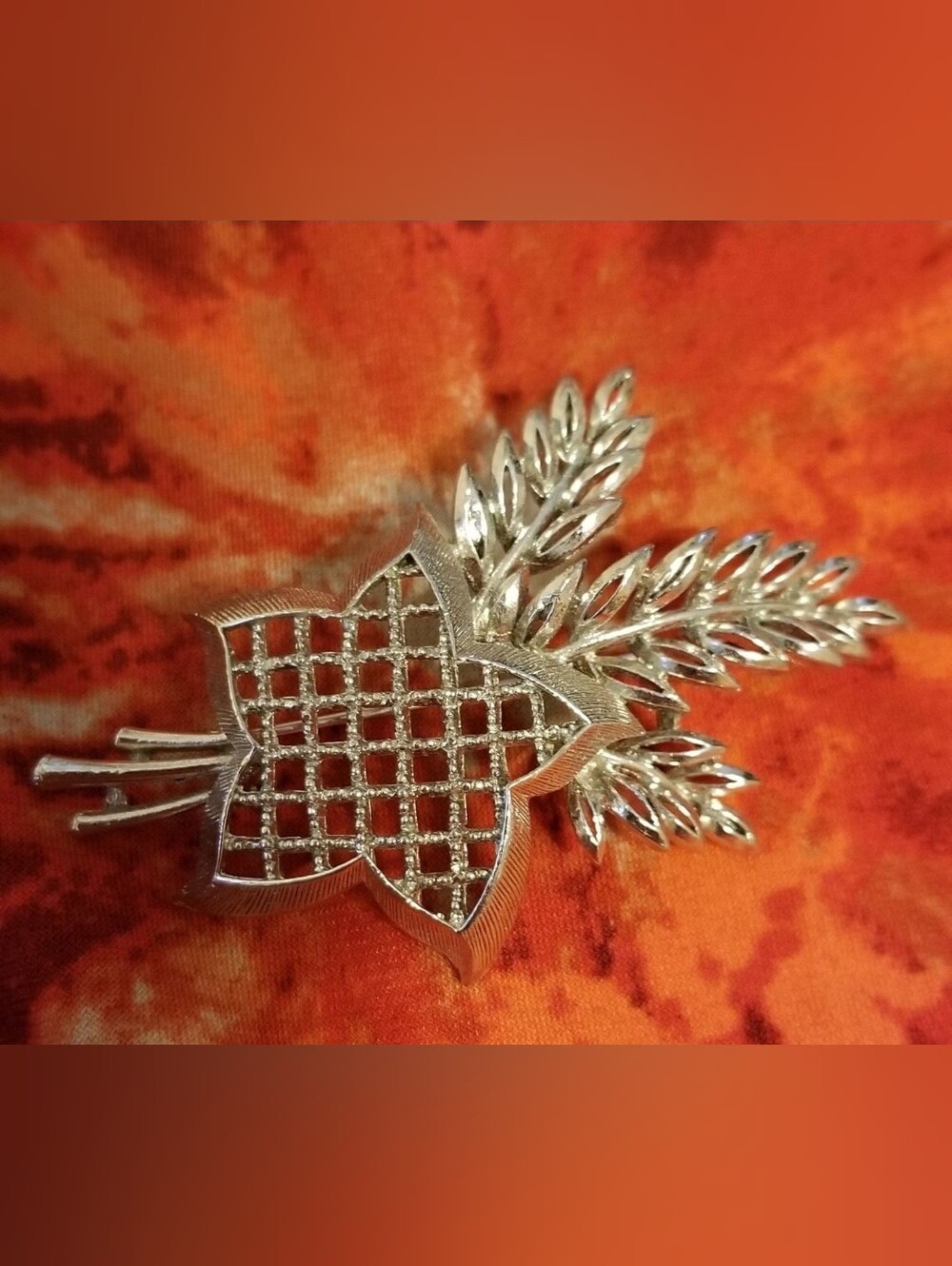 Vintage LISNER Silver Tone Fall Leaf & Wheat Brooch